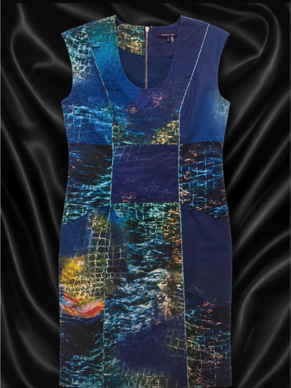 RACHEL Rachel Roy Blue Teal Patchwork Midi Dress